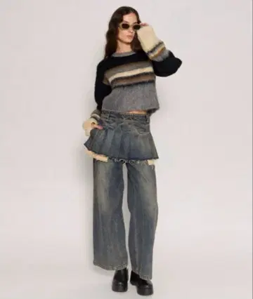 MAISON SPECIAL 플리츠 스커트 레이어드 팬츠 데님