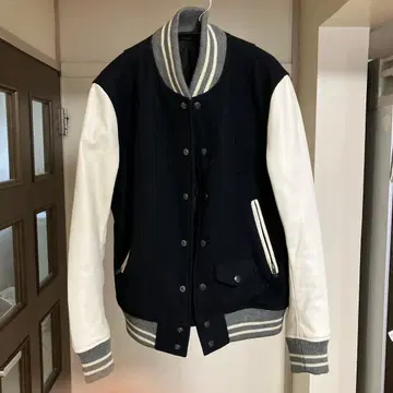 SHIPS JET BLUE 울 가죽 바시티 자켓 블랙/화이트