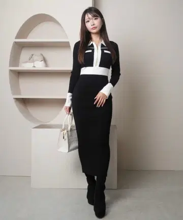 립 서비스 프론트 ZIP 바이 컬러 니트 원피스 M 사이즈