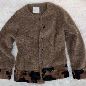 브라운 긴팔 여성용 가디건 카우 패턴 밑단