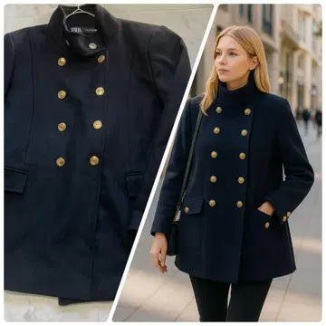 ZARA 나폴레옹 코트 골드 버튼 아름다운 실루엣 울 75% 2XL