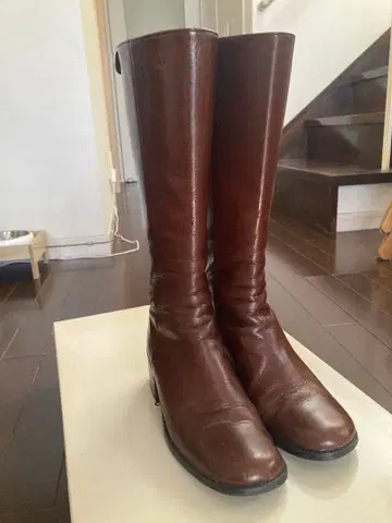 츠모리치사토 브라운 가죽 롱 부츠 중간 힐