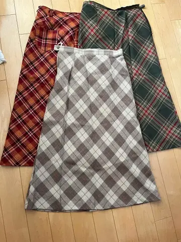 울 체크 무늬 롱 스커트 3점