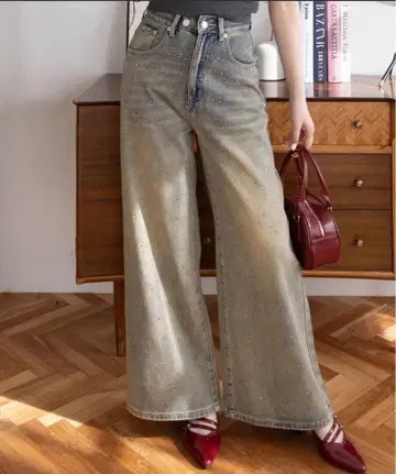 큐빅 장식 빈티지 와이드 데님 팬츠