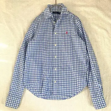 새상품급 폴로 랄프로렌 셔츠 깅엄 체크 스카이블루 핑크 포니 S