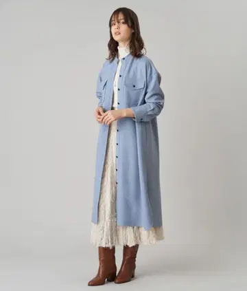 새상품급 정가 4.1만 아나이 스탠드 카라 울 셔츠 원피스 블루 38