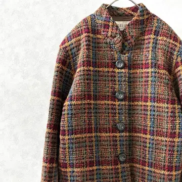 ROSASE CLUB 숏코트 하이넥 체크 무늬 포켓 울