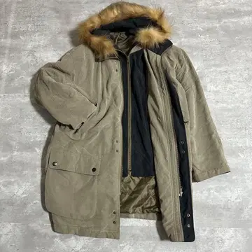 빈티지 장모 퍼 후드 탈부착 모즈 코트 카키 안쪽 퀼팅