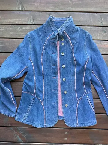 데님 자켓 스탠드 카라 핑크 스티치