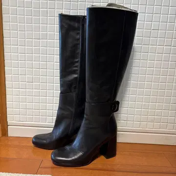 블랙 가죽 롱 부츠 힐 7cm