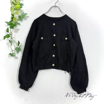 clear 펄 버튼 니트 가디건(F) 블랙 퍼프 슬리브 걸리시