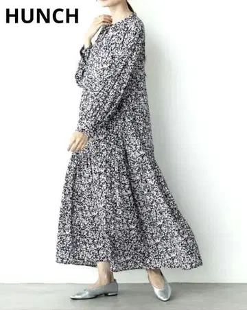 HUNCH  롱 원피스 긴팔 올 패턴 A라인 네이비 프리