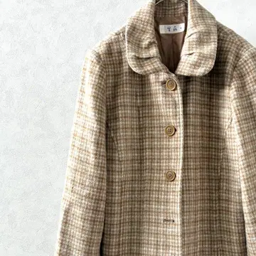 리넨 숏코트 칼라 부착 체크 무늬 울 혼방 포켓 부착 안감 부착