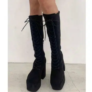 EMODA 레이스업 부츠 블랙 스웨이드 통굽 롱 부츠