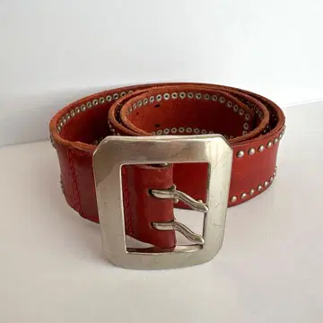 [ 빈티지 ] 빨간색 천연 가죽 스터드 벨트 W 핑 버클 락 펑크