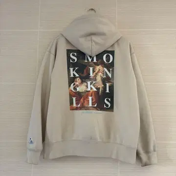 아트 프린트 후드 부착 후드티 베이지