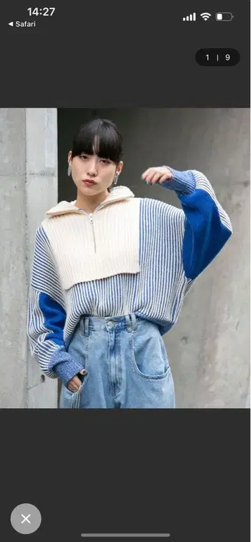 새상품급 KBF 레이어드 하프 지퍼 니트 파랑