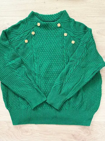 anne coquine 케이블 니트 그린 골드 버튼 로고
