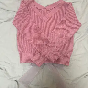 핑크 V넥 리브 니트 스웨터