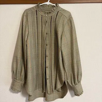 SHIPS 배색 체크 솔리드 사다리 레이스 핀턱 블라우스