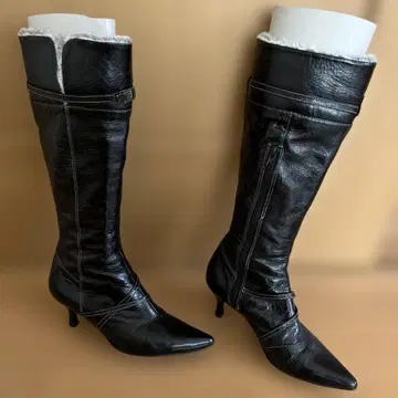 WANO NANO 퍼 달린 블랙 가죽 롱 부츠