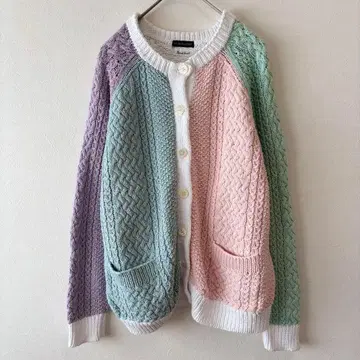 세인트 제임스 코트 핸드 니트 M 파스텔 컬러 배색 가디건 면