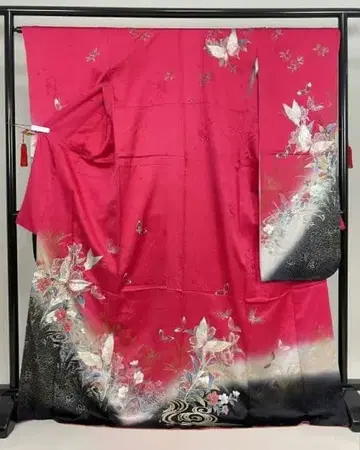 럭셔리 후리소데 금채 은채 기모노 순수 실크 핑크색 빨간색 계열