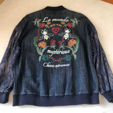 스칼라 백 프린트 데님 블루종 꽃 벌 레이스 도킹 네이비