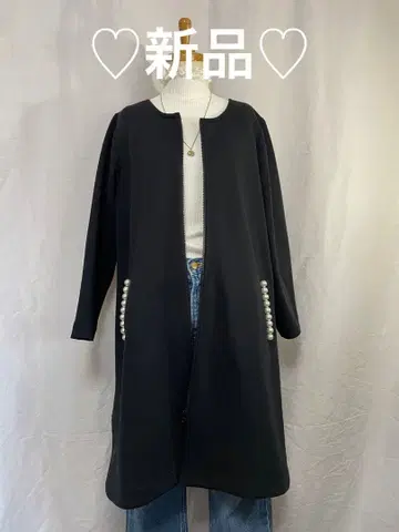 새상품 블랙 롱 코트 펄 장식 포함