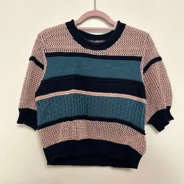 MURUA 크로셰 믹스 하프 슬리브 니트 ( 핑크 )