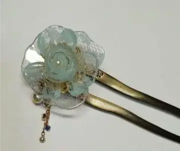 시미즈자카 유리관 헤어콤 스카이블루 레이스 꽃 teftef