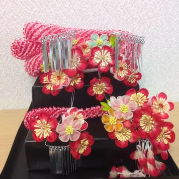 일본 의류용 머리 장식 빨간색과 핑크색 꽃무늬