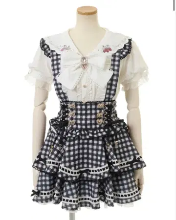 LIZLISA 사다리 리본 깅엄 체크 티어드 치마바지 블랙