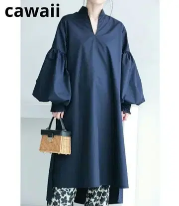 cawaii 카와이 롱 원피스 벌룬 볼륨 소매 네이비