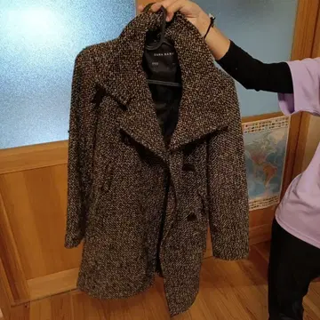 트위드 더블 브레스트 롱 코트 벨트 포함