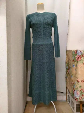 피칭 그린 니트 레이스 원피스