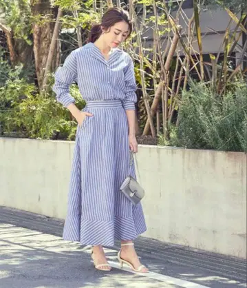 유어즈 셔츠 스커트 셋업 스트라이프 스카이블루 L 여성용 긴팔