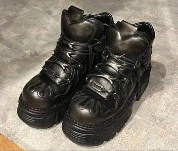 Newrock 스타일 통굽 스니커즈 가죽 부츠