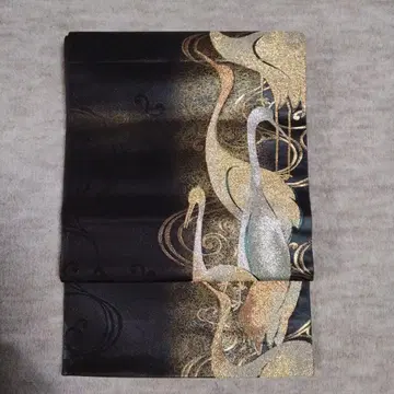 블랙 베이스 골드 컬러 학 무늬 육통 후쿠로 오비