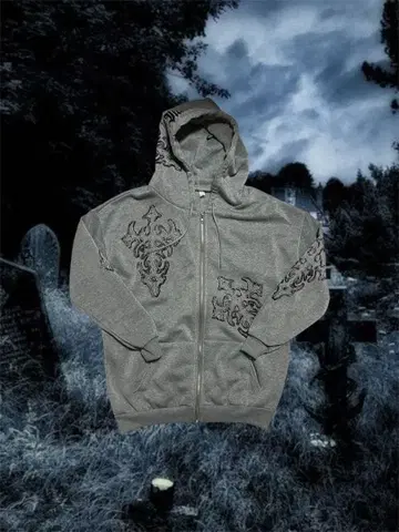 장식 자수 그레이 후드티