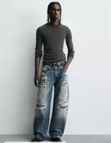 ZARA 데미지 가공 벌룬 핏 데님 팬츠