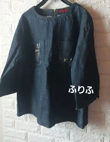 후리후 데님 풀오버 튜닉 7부 소매 검은 고양이 프린트 뒷면 지퍼