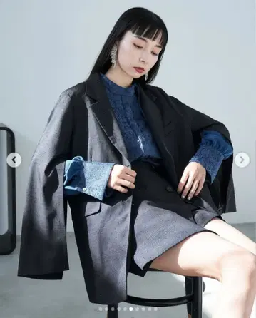 HARE 빈티지 소매 트임 빅 테일러드 자켓 체크 블랙