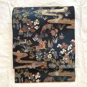 후쿠로 오비 블랙 베이스 꽃과 인물 자수