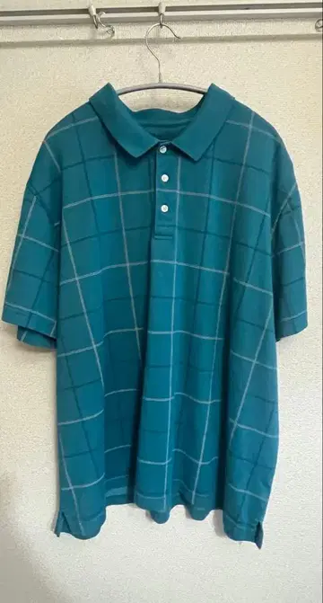 [ 구제 의류 ] 터콰이즈 체크 무늬 반팔 피케 셔츠