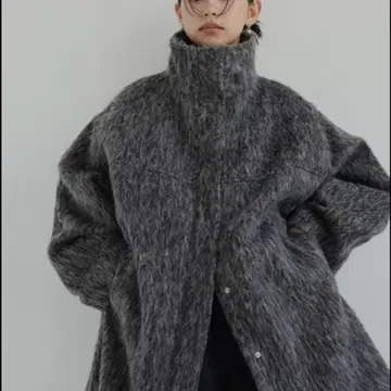 [ 새상품 ] hellam 샤기 스탠드 카라 코트 차콜