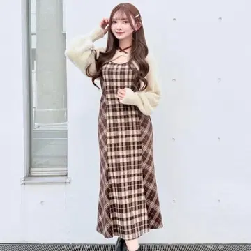 원웨이 노마에 샤기 볼레로 롱 체크 원피스