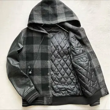 새상품급/L 쉽스 카우 가죽 바시티 자켓 블루종 퀼팅 소가죽 체크