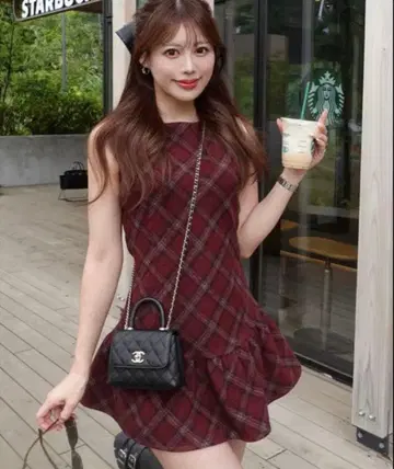 다리치 타탄 체크 슬리브리스 미니 원피스