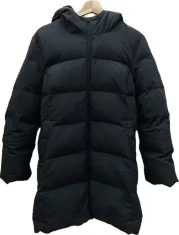 블랙 후드 부착 롱 다운 자켓